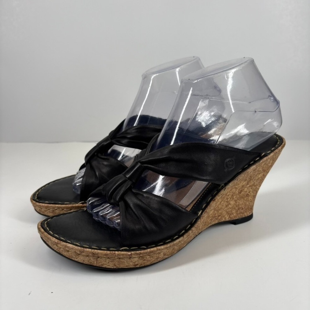 Born Drilles Women's US 9M/40.5 Black Leather Cork‎ Wedge Slide Sandals W3002
